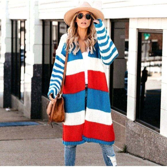 VICI Chunky Knit Open Front Duster Cardigan Striped Red White Blue SZ M - Picture 1 of 9